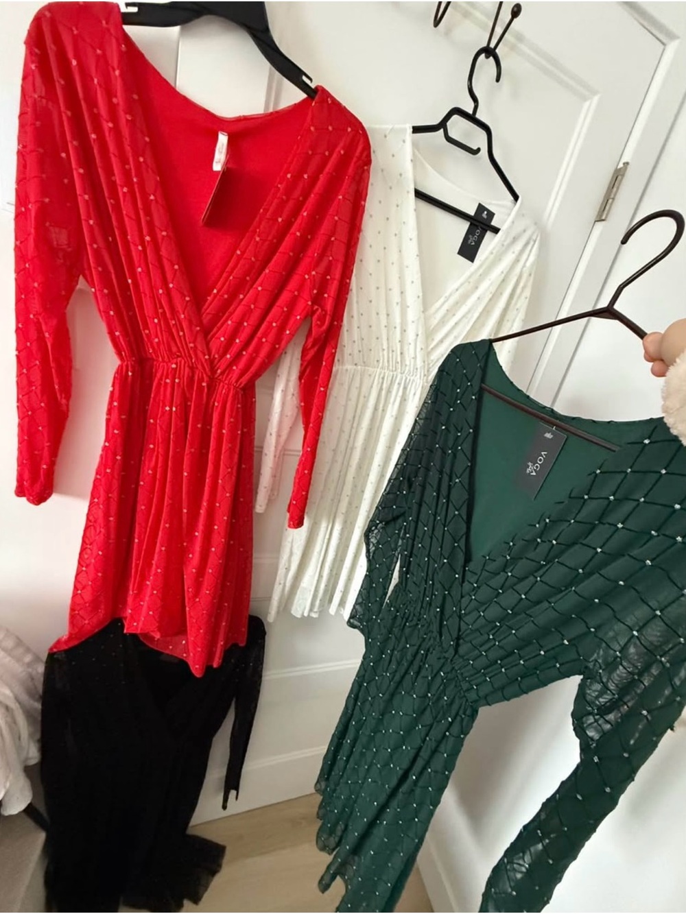 Sequined V-Neck Mini Dress - Red, Green, White and Black - Set of 4